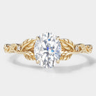 Oval moissanite engagement ring, leaf design, 14k gold band, Leafora ring