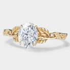 Oval moissanite engagement ring with leaf band in gold, Leafora ring.