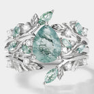 Moss Agate Engagement Ring Set with Leaf Accents. Bridal set with moissanite accents, vintage style.