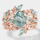 Moss Agate Engagement Ring Set with Leaf Branch and Moissanite Accents