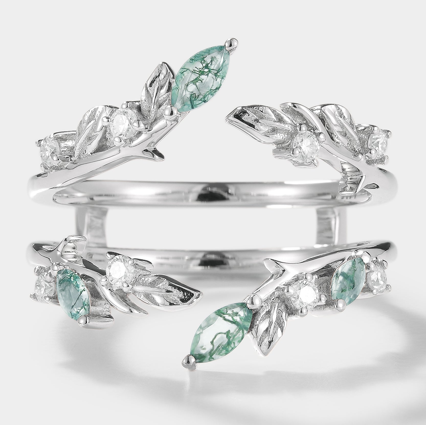 Moss Agate Enhancer Double Wedding Band with leaf design, vintage bridal ring set, moss agate & moissanite wedding ring