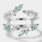 Moss Agate Enhancer Double Wedding Band with leaf design, vintage bridal ring set, moss agate & moissanite wedding ring