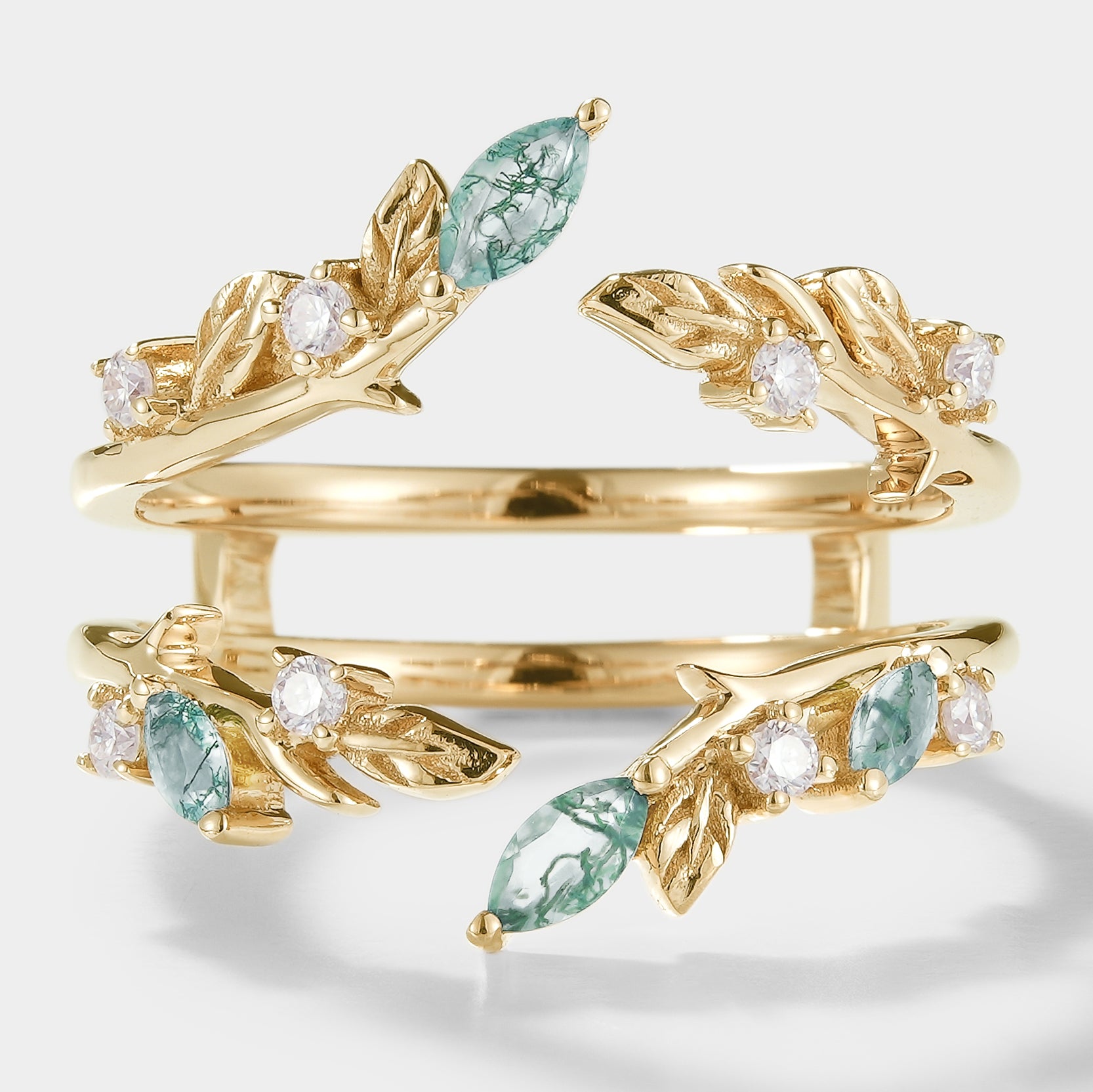 Gold moss agate leaf double wedding band with moissanite, vintage bridal ring set.