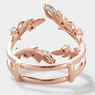 Rose gold moss agate enhancer double wedding band with leaf design, vintage bridal ring set.