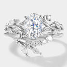 Oval Moissanite Engagement Ring Set with Leaf & Moon Motif
