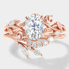 Oval Cut Moissanite Engagement Ring Set with Moon & Leaf Motif - Lahela Jewelry