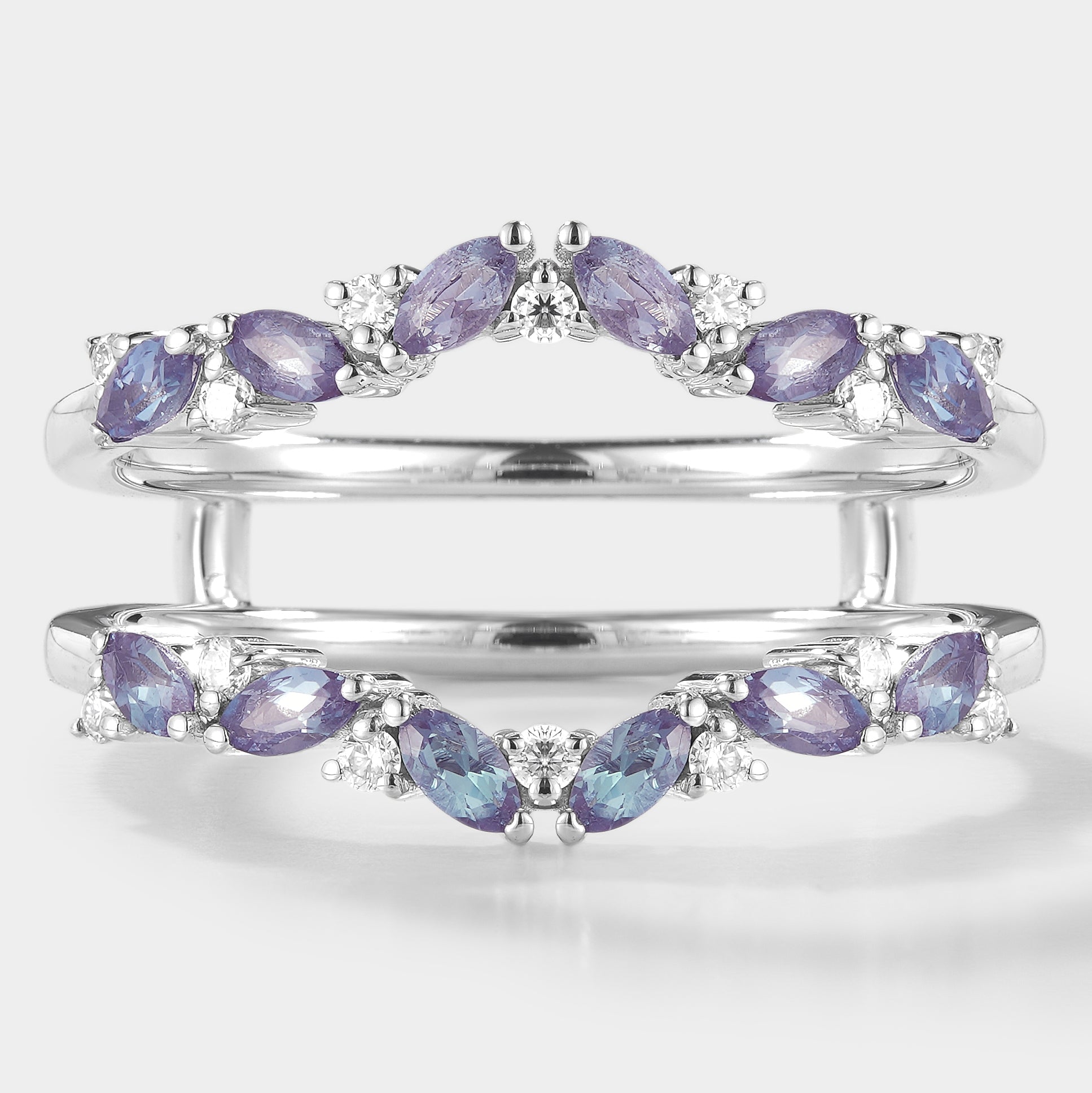 Alexandrite enhancer wedding band with moissanite. A unique sterling silver bridal set, perfect for engagement and wedding.