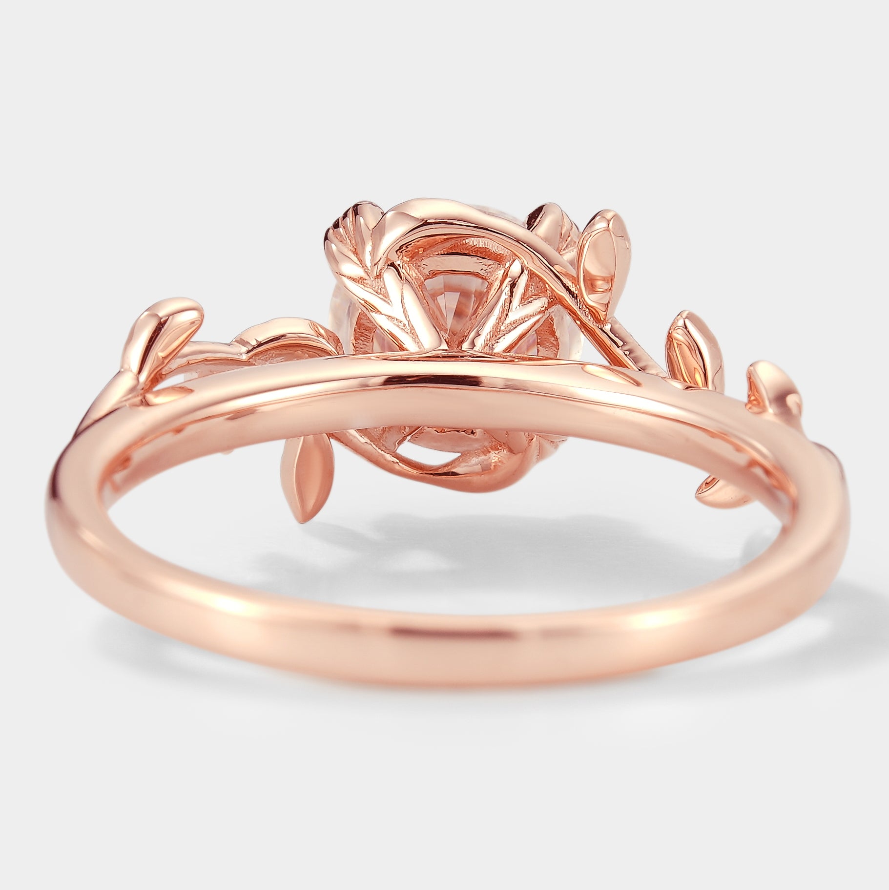 Rose gold leaf engagement ring, Round cut moissanite