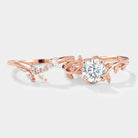 Rose gold leaf engagement ring and matching chevron wedding band