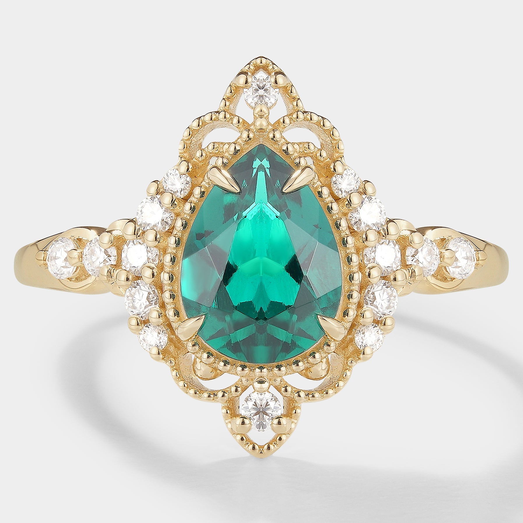 Pear Cut Lab Emerald Vintage Palace Engagement Ring