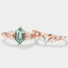 Rose gold green sapphire engagement ring and moissanite wedding band set