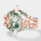 Rose gold moss agate engagement ring with enhancer double wedding band, accented with opal and moissanite, bridal set.