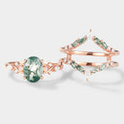 Rose gold moss agate engagement ring with enhancer wedding band bridal set. Featuring opal, moissanite, and diamonds.