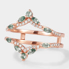 Rose gold moss agate and moissanite double wedding band with leaf design