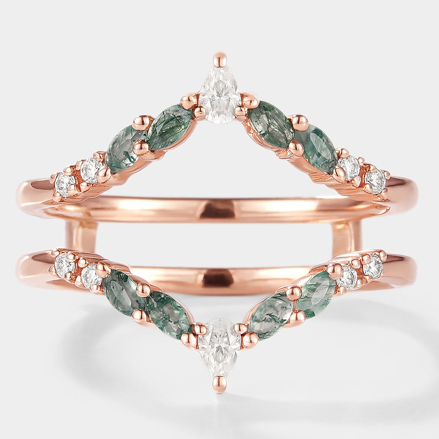 Rose gold enhancer wedding band with moss agate & moissanite, bridal set ring set