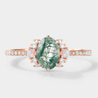 Oval moss agate engagement ring with opal & moissanite cluster, rose gold band