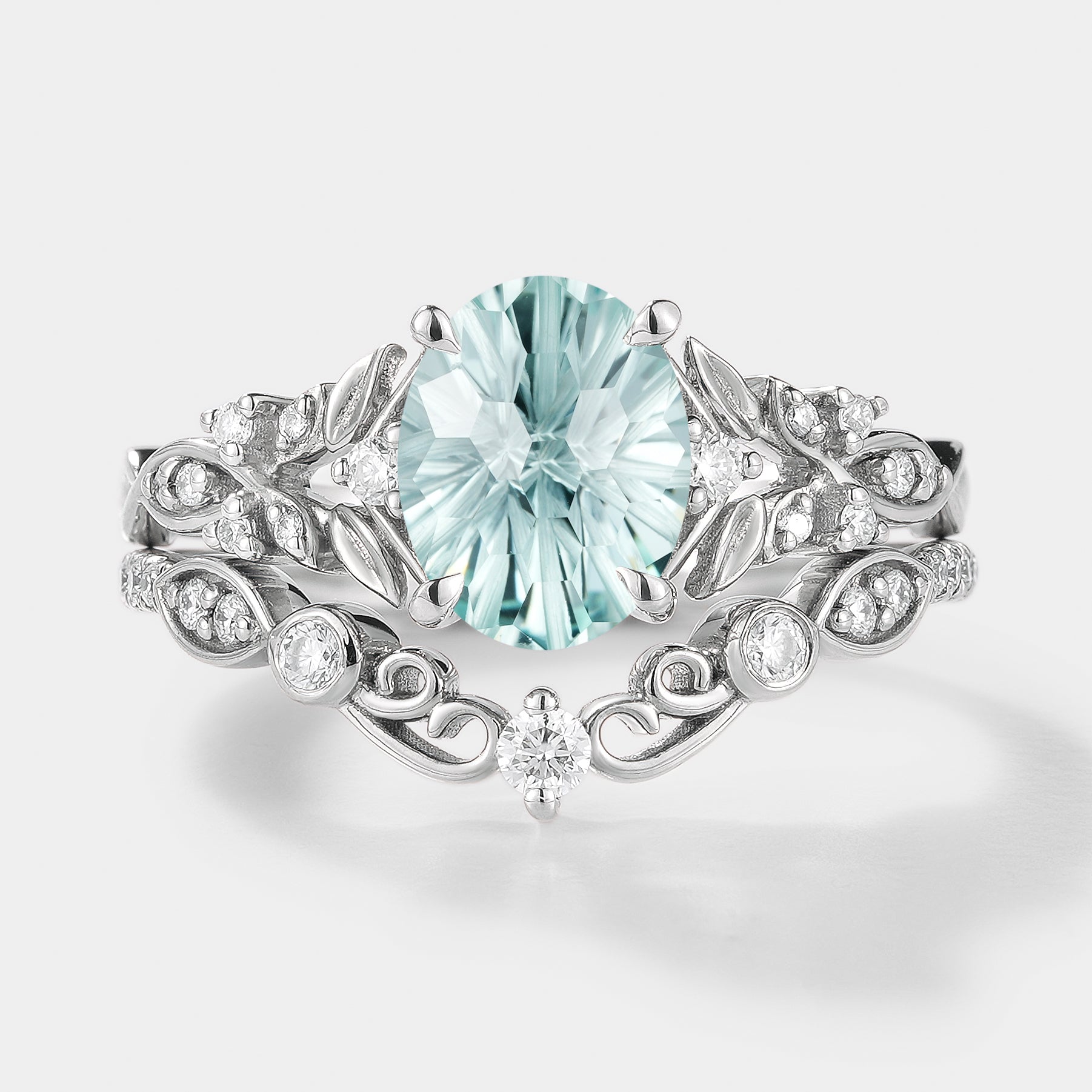 Unique Firework Cut Aquamarine Leaf Engagement Ring Set 2pcs In White Gold