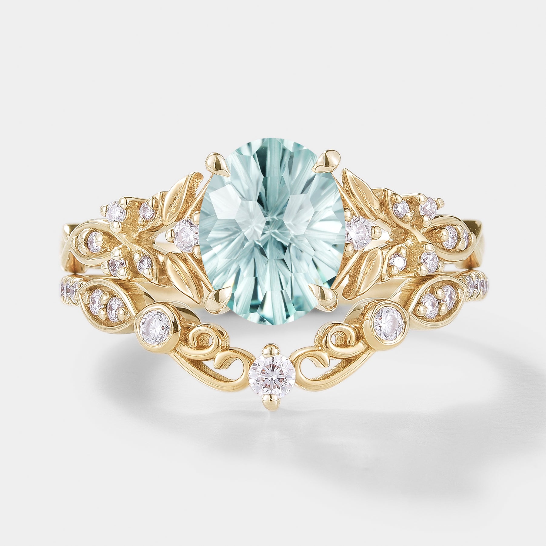 Unique Firework Cut Aquamarine Leaf Engagement Ring Set 2pcs In Yellow Gold