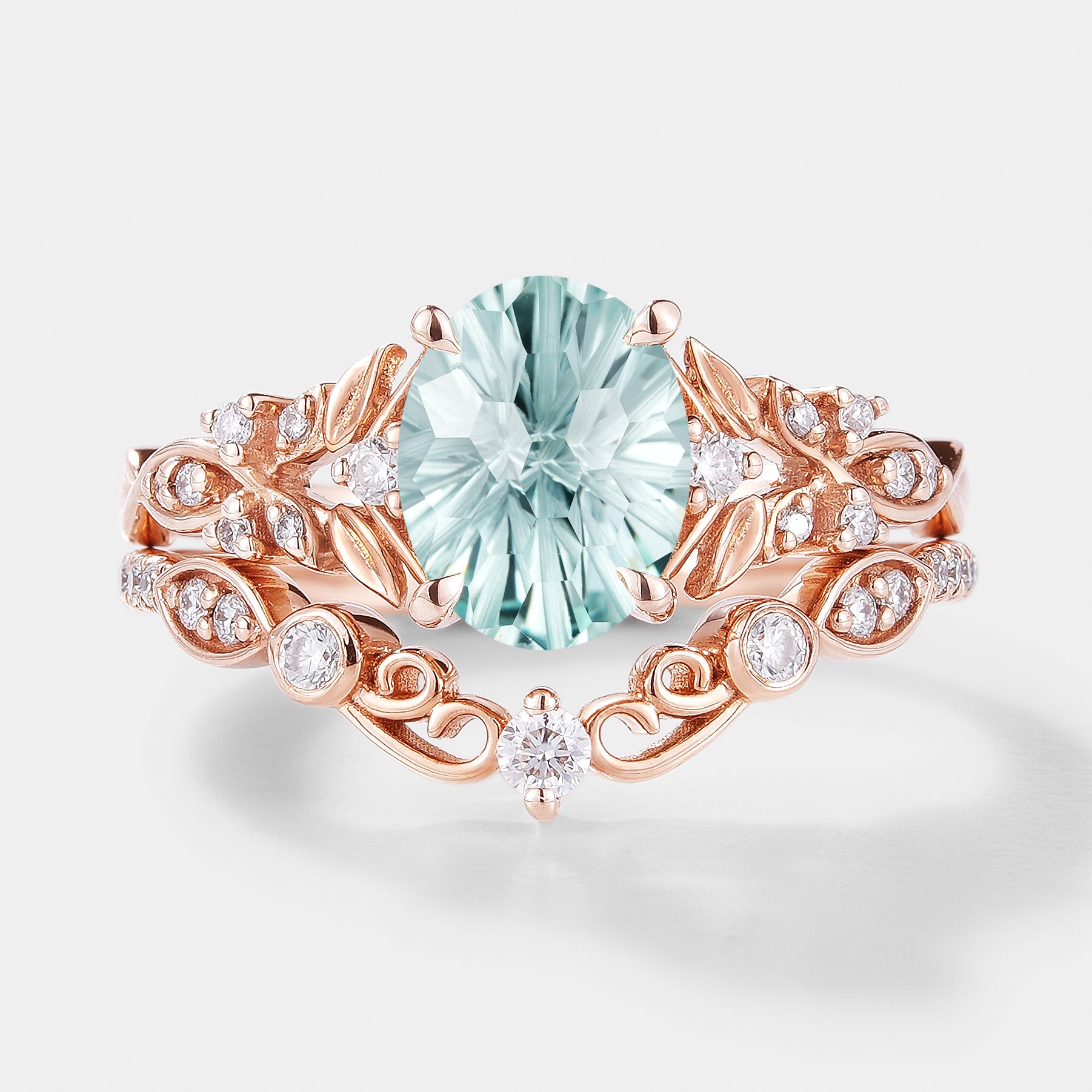 Unique Firework Cut Aquamarine Leaf Engagement Ring Set 2pcs In Rose Gold