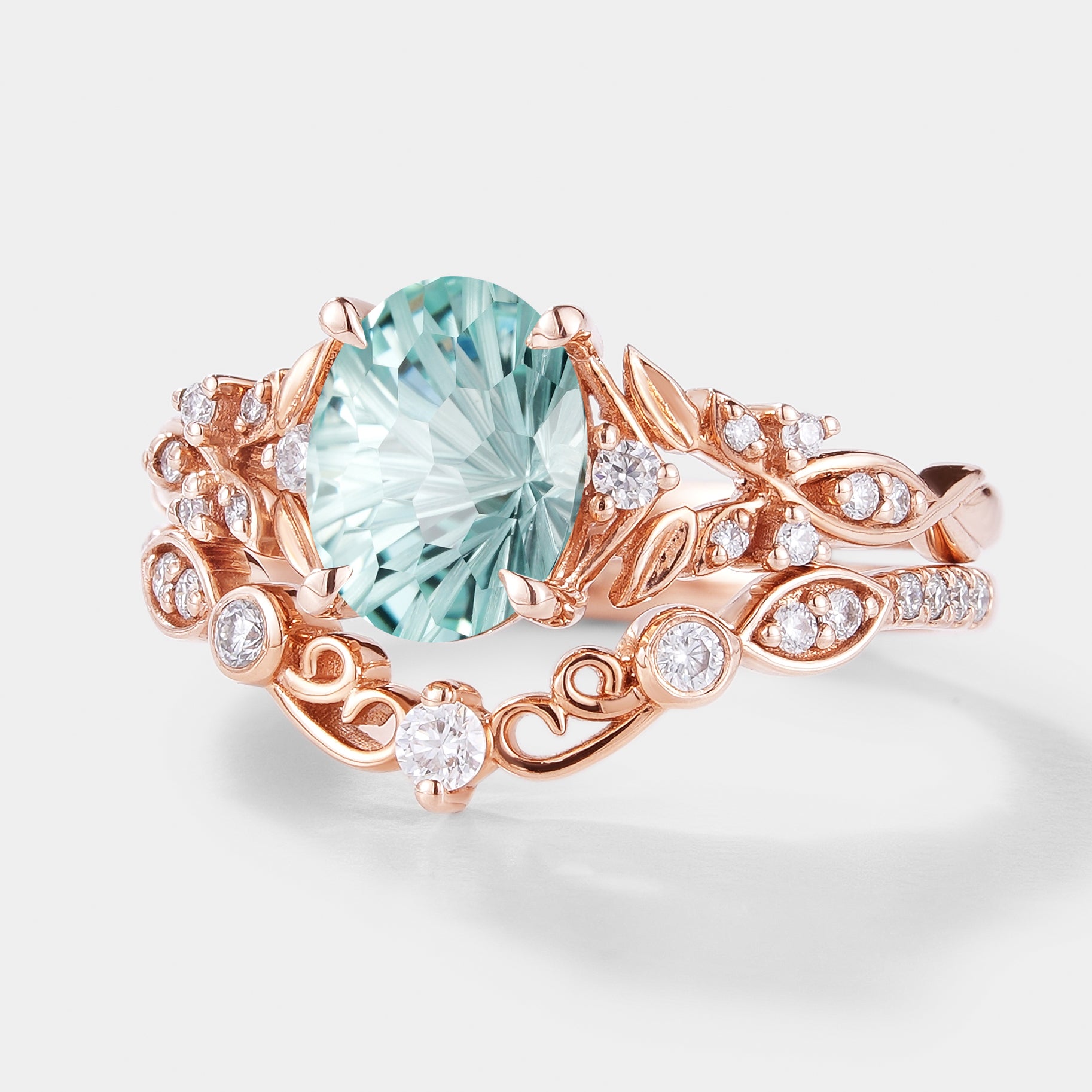 Unique Firework Cut Aquamarine Leaf Engagement Ring Set 2pcs In Rose Gold