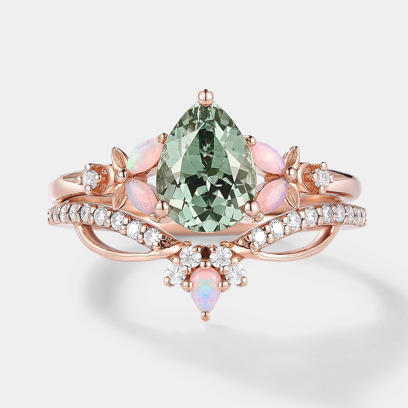 Lab Green Sapphire Flower Opal Engagement Ring Set 2pcs In Rose Gold