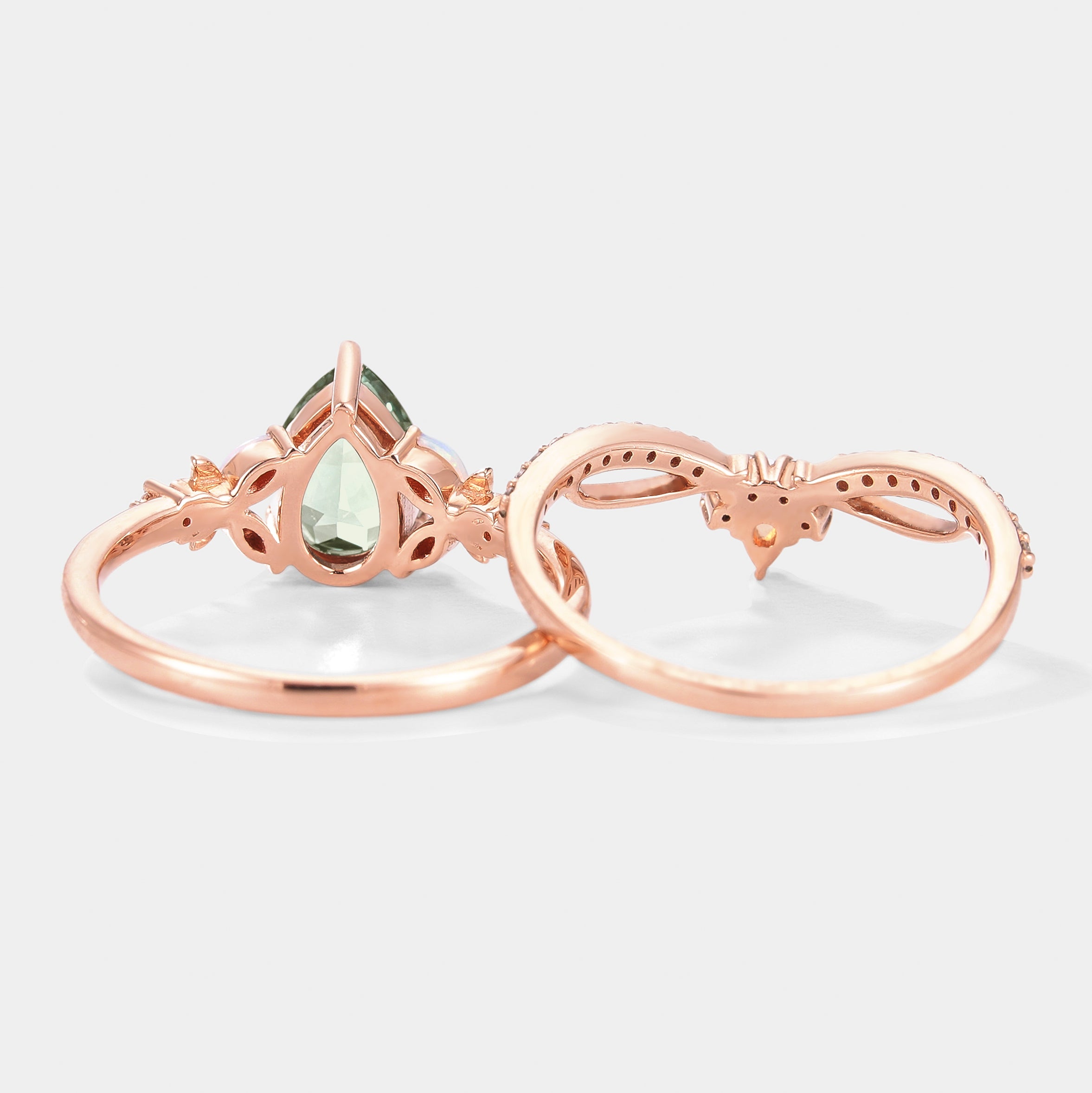 Lab Green Sapphire Flower Opal Engagement Ring Set 2pcs In Rose Gold