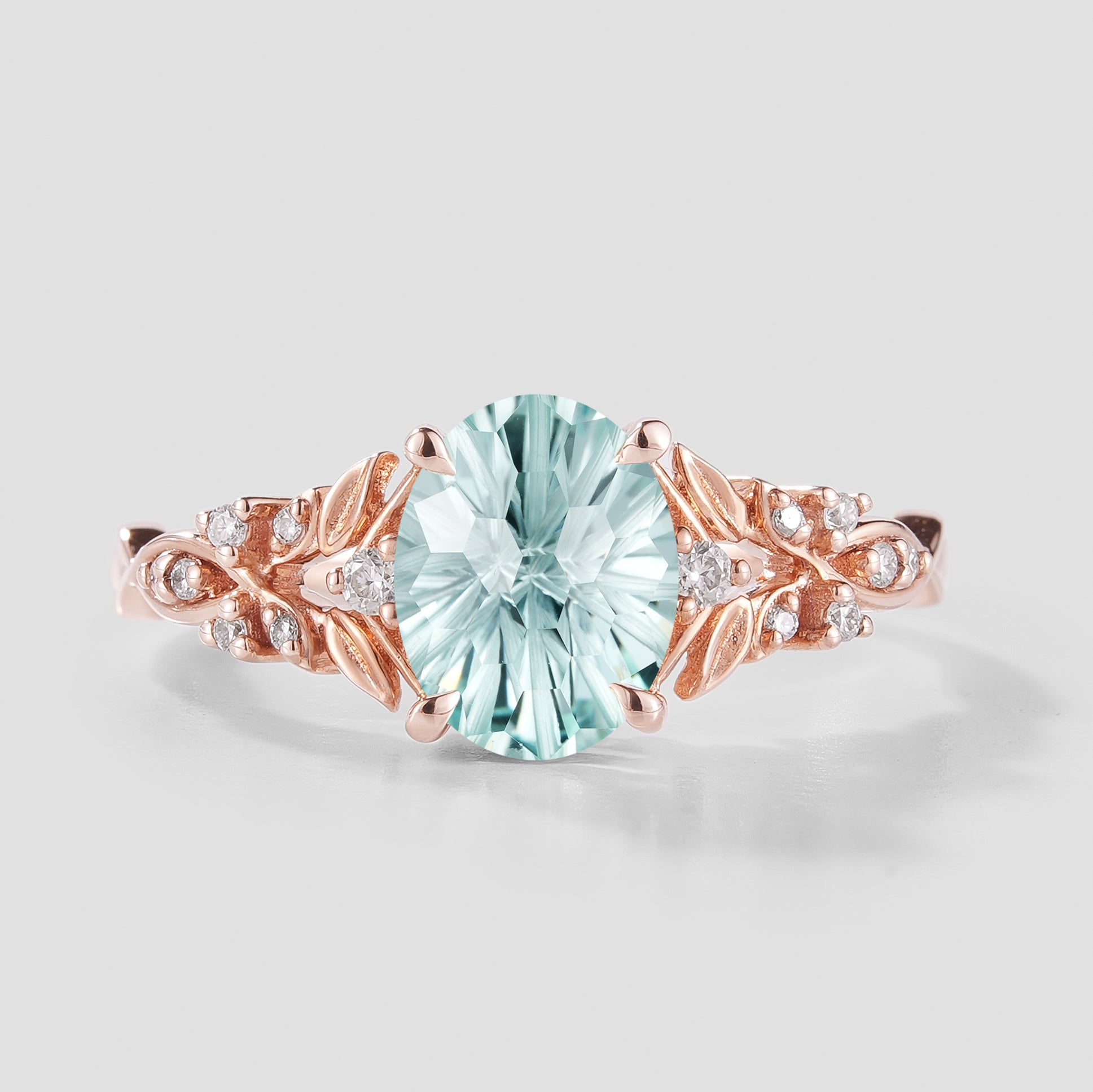 Oval Cut Aquamarine Leaf Engagement Ring by Lahela Jewelry