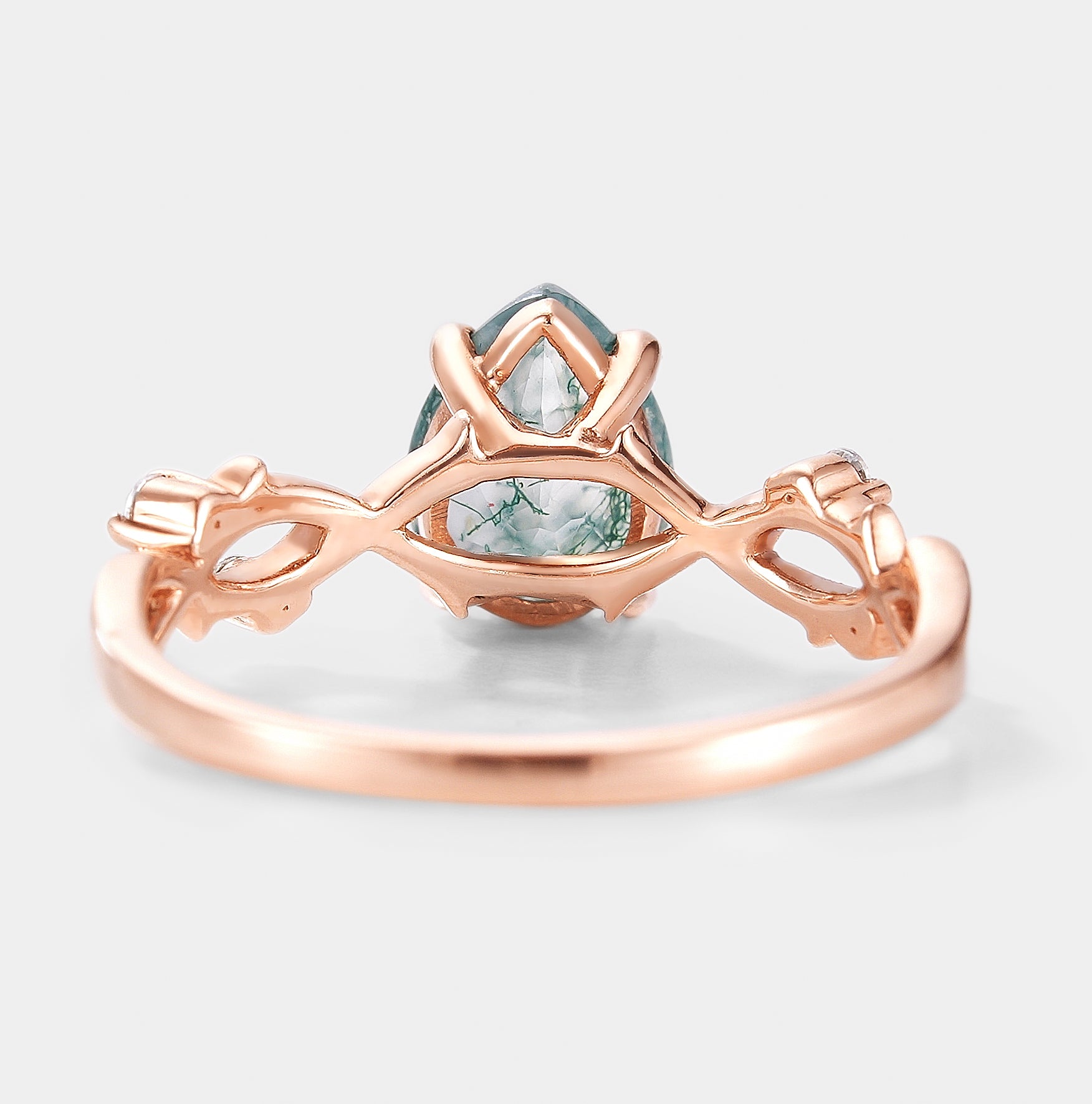 Rose gold moss agate engagement ring with leaf design