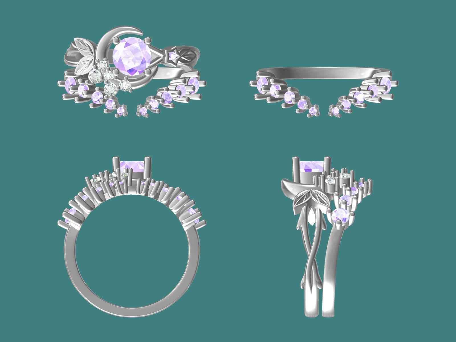 Custom Star & Moon Leaf-Inspired Engagement Ring Set (2pcs) for Manu Roy