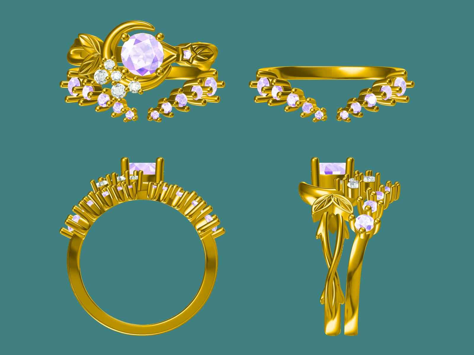 Custom Star & Moon Leaf-Inspired Engagement Ring Set (2pcs) for Manu Roy
